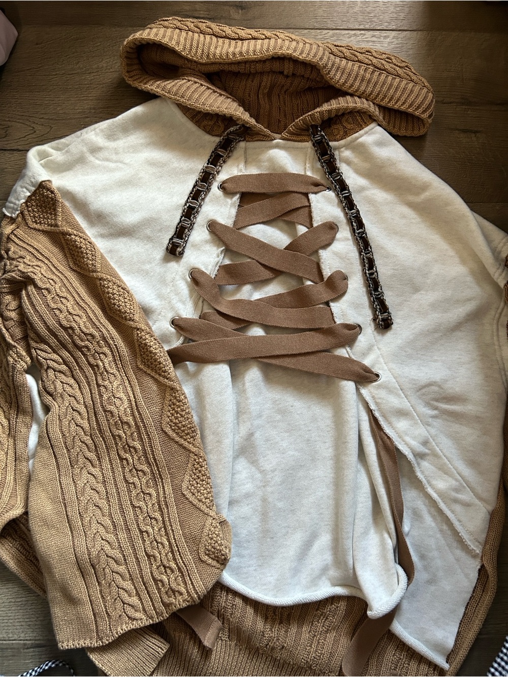 POL Two-Tone Cream and Tan Lace-Up Cable Knit Hoodie Sweater
